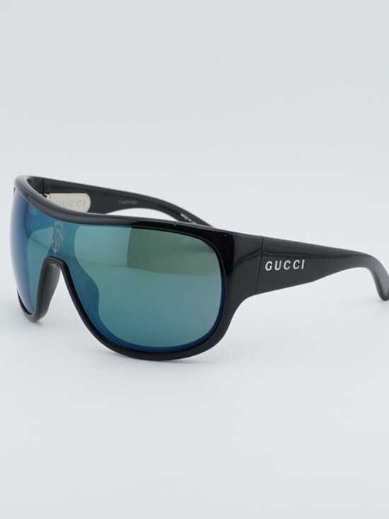 Gucci GG2168S 007 Sunglasses Shiny Black Shield Frame, Solid Green Lenses main image 6